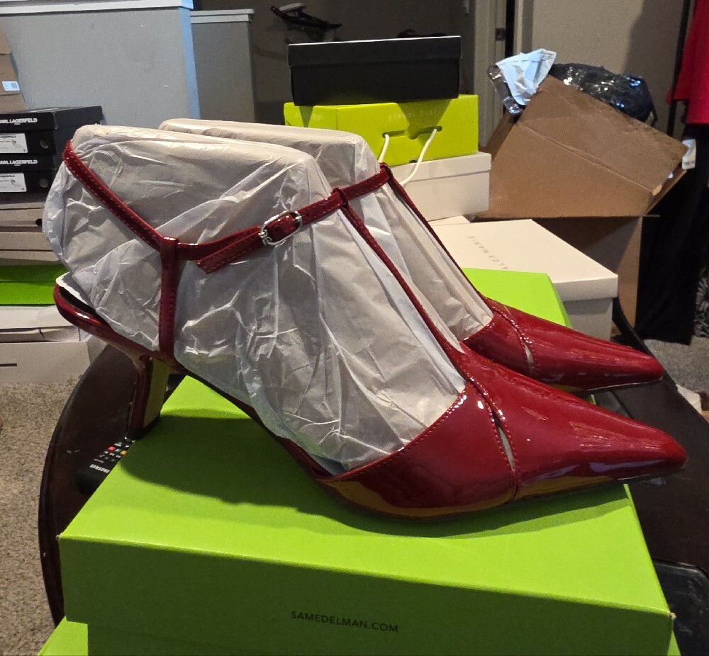 Sam Edelman Red Patent Leather T-Strap Pointed Flats - Picture 8 of 12